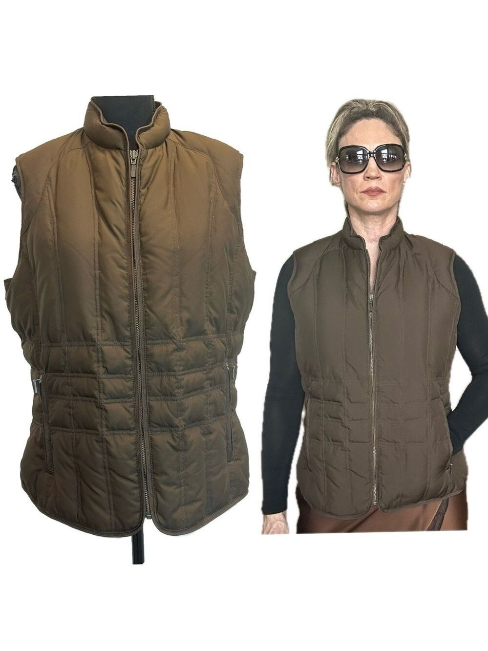Eddie Bauer chocolate brown goose down quilted vest jacket sleeveless Sz L